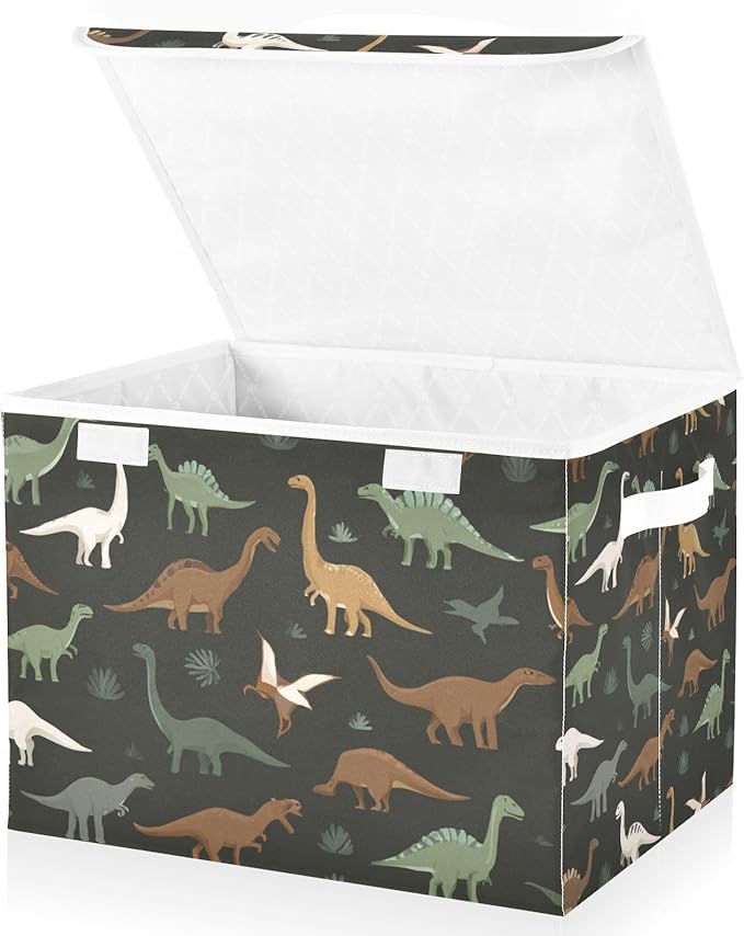 Storage Bins with Lids Storage Containers Box Organizer Bin Basket with Handles for Closet Shelves Clothes Stackable Foldable Decorative Green and Brown Dinosaurs