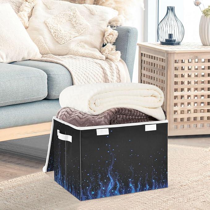 Storage Bins With Lid Stackable Fabric Closet Organizer Clothing Storage Large Boxes For Closet Shelves Bedroom Bright Blue Fire Flame Dots