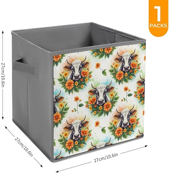 Collapsible Storage Bins with Handles Cute Highland Cow Foldable Cube Organizer Box for Closet Shelf Toy Storage Space-Saving Home &amp Office Decor