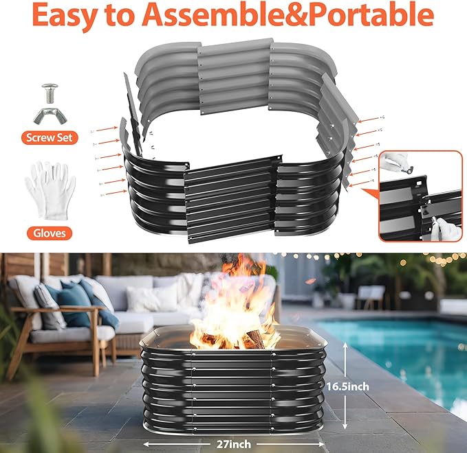 16.5''Tall Fire Pit Ring for Outside - 27IN Heavy Duty Square Wood Burning Firepit &ampOutdoor FireplacesHigh Heat ResistantGalvanized Steel Metal Bonfire Pits Portable for CampingBackyardBeachP