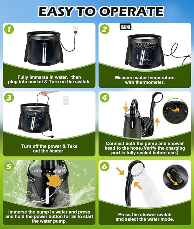 Upgraded Portable Shower for Camping with Heater Rechargeable Camping Shower with Intelligent LED Display 5 Gal Foldable Bucket 4 Spray Modes Portable Shower for Travel Pet Bath Car Washing