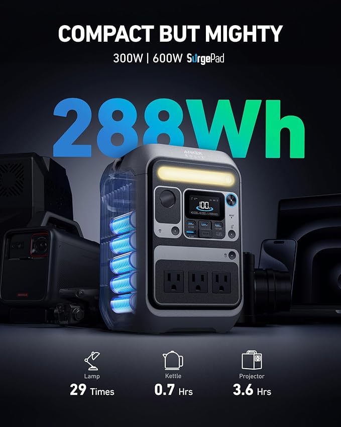 Anker Solar Generator SOLIX C300 with Protective Bag 288Wh Portable Power Station 300W (600W Surge) LiFePO4 Battery 140W Two-Way Fast Charging for Outdoor Camping Traveling and Emergencies