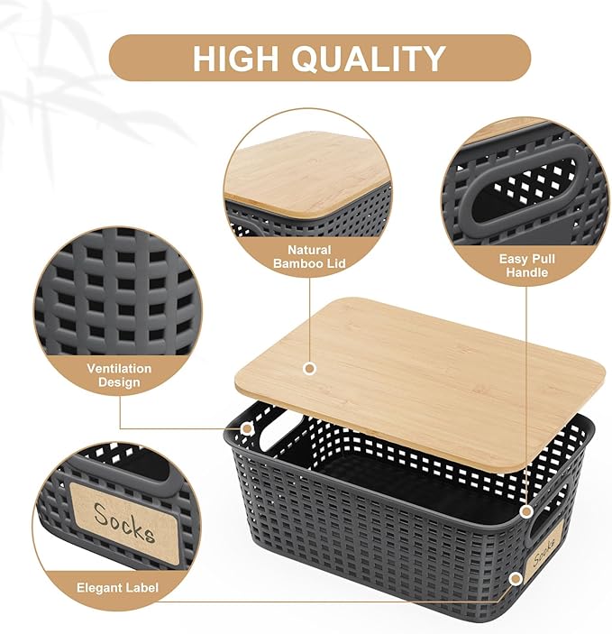 6Pcs Storage Bins with Lids Stackable Plastic Storage Basket with Bamboo Lid Pantry Organizer Box Small Containers for Organizing Shelves Drawer Desktop Closet Cabinet Office Classroom 10x7.1x4.1in