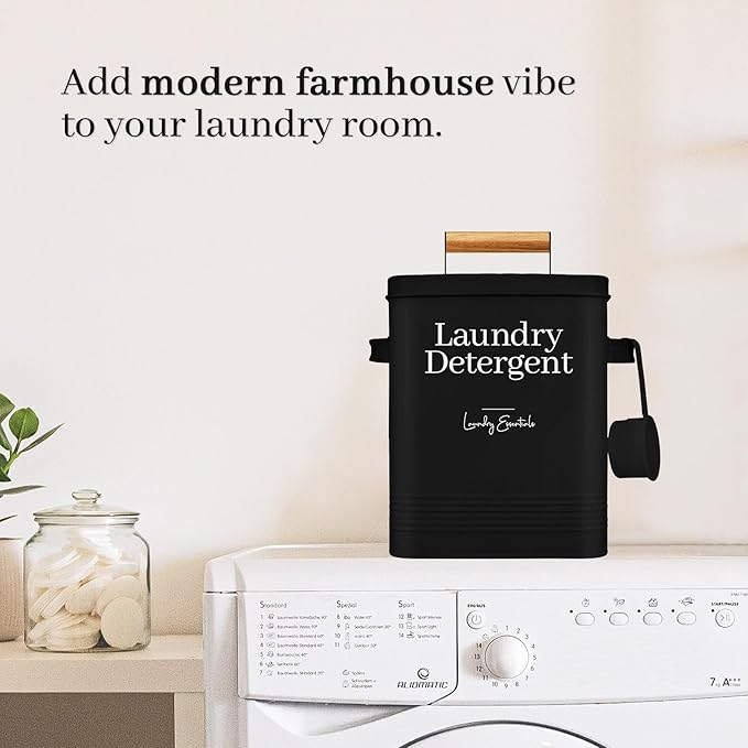 Simplation Modern Farmhouse Laundry Detergent Container for Laundry Room Decor and Accessories Metal Laundry Pods Container Laundry Powder Holder for Laundry Room Organization (Black)