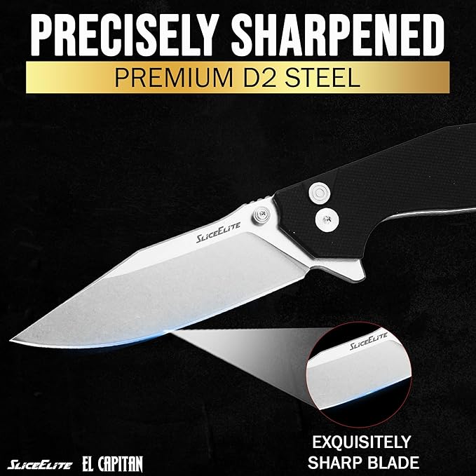 SliceElite El Capitan Folding Knife 3.5 in D2 Steel Clip Drop Blade Black G10 Handle Manual Button Lock Pocket Carry