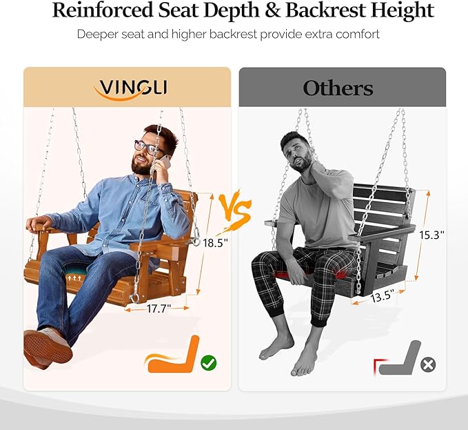 VINGLI Heavy Duty 440 LBS 1-Person Wooden Patio Porch Swing with Deeper Seat &amp Higher Backrest &amp Extra Cup Holder for Adults &amp Kids Outdoor Single Porch Swing for Porch Yard Balcony Tr