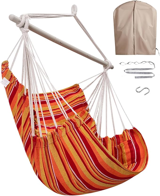 Miztli Hammock Chair with Hanging Chair Cover – Max 500 Lbs Steel Spreader Bar with Anti-Slip Rings Comfortable Indoor &amp Outdoor Hanging Chair – Includes Protective Waterproof Cover (57x45.5 in)