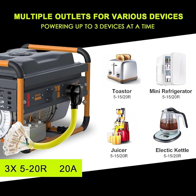 30 Amp to 110 Adapter RV Cord 30 Amp to 20 Amp Adapter NEMA TT-30P Male to 3X 5-15R/5-20R T-Blade Household Outlet Female with Lighted Power Indicator 1.5 FT