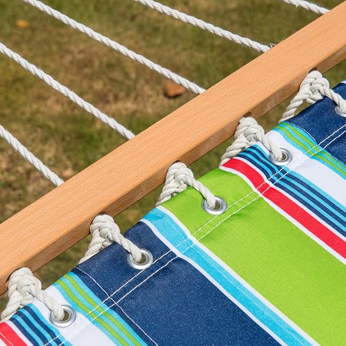 Lazy Daze 12 FT Quilted Fabric Double Hammock with Spreader Bars and Detachable Pillow 2 Person Hammock for Outdoor Patio Backyard Poolside 450 LBS Weight Capacity Green/Blue Stripe