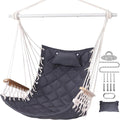 Hammock Chair Hanging Swing with Wooden ArmrestSteel Spreader BarPillowsHardware kit IncludedCotton Woven FabricUp to 350 Lbsfor Indoor or Outdoor