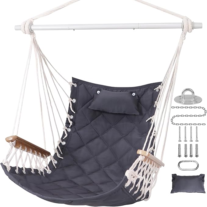 Hammock Chair Hanging Swing with Wooden ArmrestSteel Spreader BarPillowsHardware kit IncludedCotton Woven FabricUp to 350 Lbsfor Indoor or Outdoor
