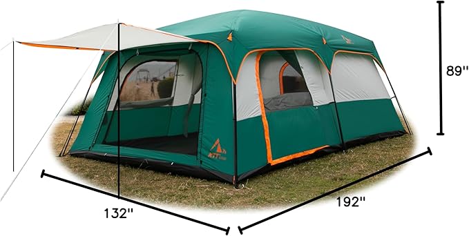 KTT Extra Large Tent 6-10-12-14 Person(A)Family Cabin Tents2 Rooms3 Doors and 3 Windows with MeshStraight WallWaterproofDouble LayerBig Tent for OutdoorPicnicCampingFamily Gathering