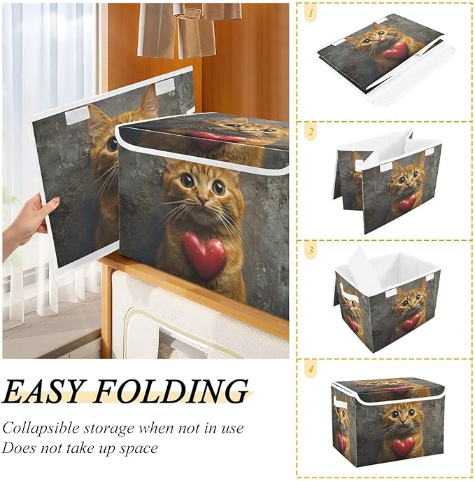 AIXIWAWA Lidded Storage Cube (Cat Valentine) Fabric Foldable Closet Bins with Flip Lid and Handles Organizer Basket Container 16.5 x 12.6 x 11.8 IN