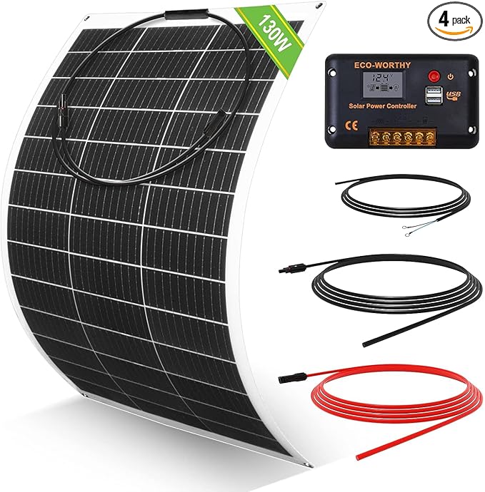 ECO-WORTHY 130Watt 12Volt Flexible Solar Panel Kit for Off Grid Home RV Boat and Uneven Surfaces:1pcs 130W Mono Solar Panel + 30A 12V Charger Controller + Solar Cable + Tray Cable + Y Branch