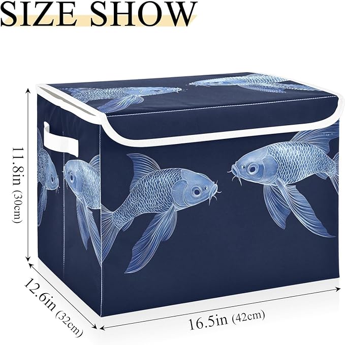 AIXIWAWA Lidded Storage Cube (Fishes Blue) Fabric Foldable Closet Bins with Flip Lid and Handles Organizer Basket Container 16.5 x 12.6 x 11.8 IN
