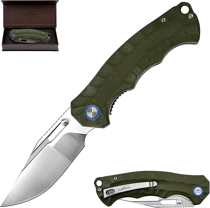 ALBATROSS Outdoor Style Father's Day Gifts Green Ultra-Light Pocket Knife 2oz Satin D2 Blade G10 Handle Liner Lock Thumb Hole Gift Box for Father's Day Birthday