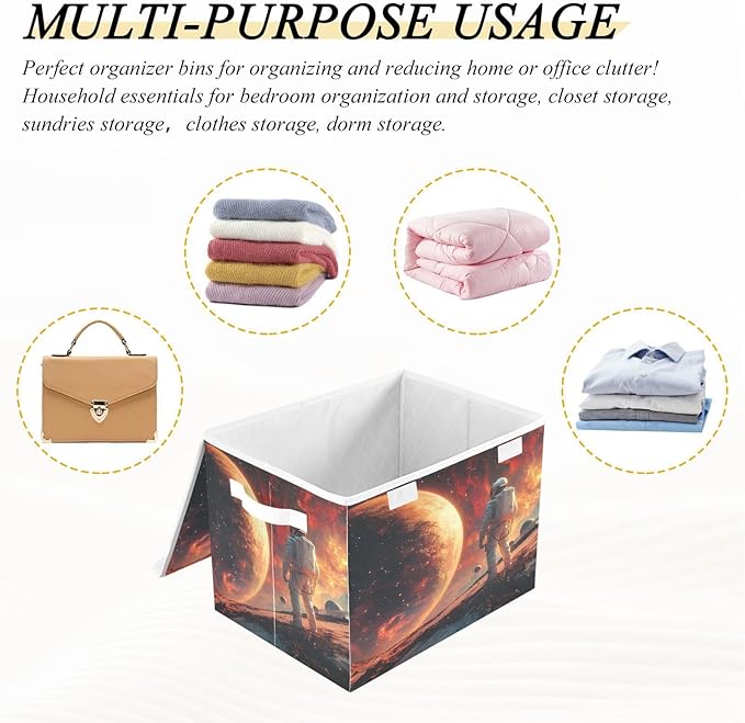 MNSRUU Containers Baskets with Lids Space Astronaut Fabric Foldable Storage Bins Organizer with Lid Collapsible Storage Boxes for Home Bedroom Closet Office