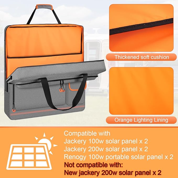 Solar Panel Storage Bag with Orange Lining Deepened Opening Zipper with Pull and Multi-Accessory Space Solar Panel Travel Carrying Case Fit for Jackery SolarSaga 100W 100X 200W Gray