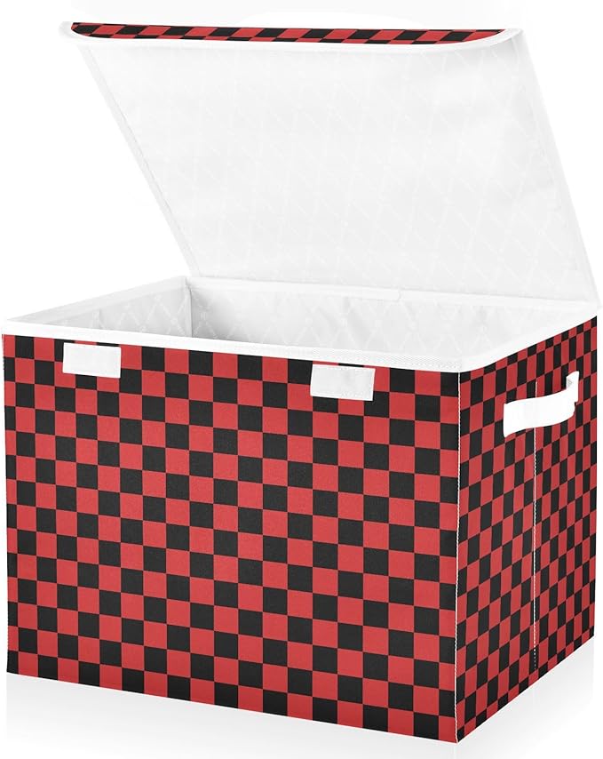 Red Black Checkerboard Storage Baskets Lidded Bin Foldable Storage Boxes Cubes Lids with 2 Handles for Organizing Closet Home Office