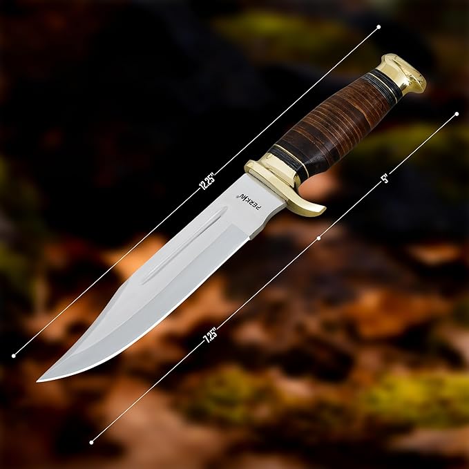 Perkin Personalized Hunting Knife with Free Engraving – Handmade 12.5” Fixed Blade with Leather Handle &amp Sheath Survival Gift for Men - Bowie Knife