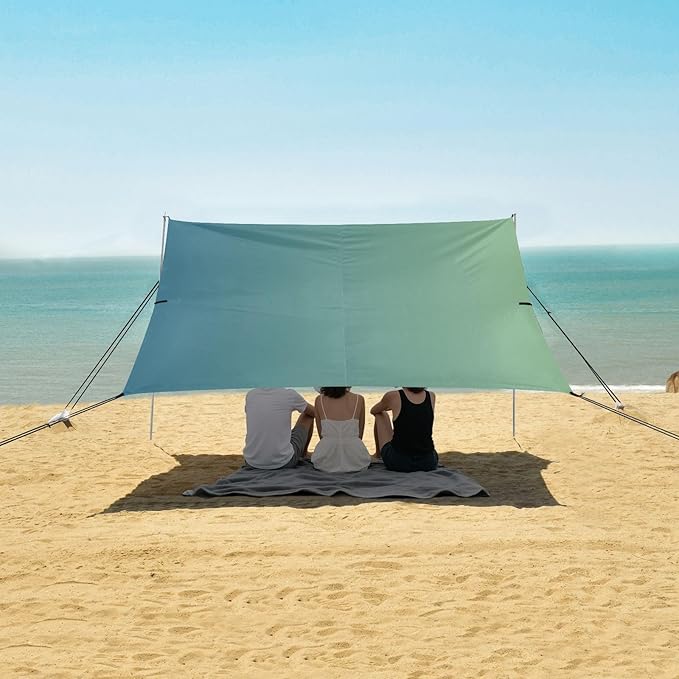 Dark Green Gradient Beach Cabana Tent UPF50 Lightweight Shade Sun Shelter with Sandbags Sand Shovel Poles for Camping Fishing Backyard Fun