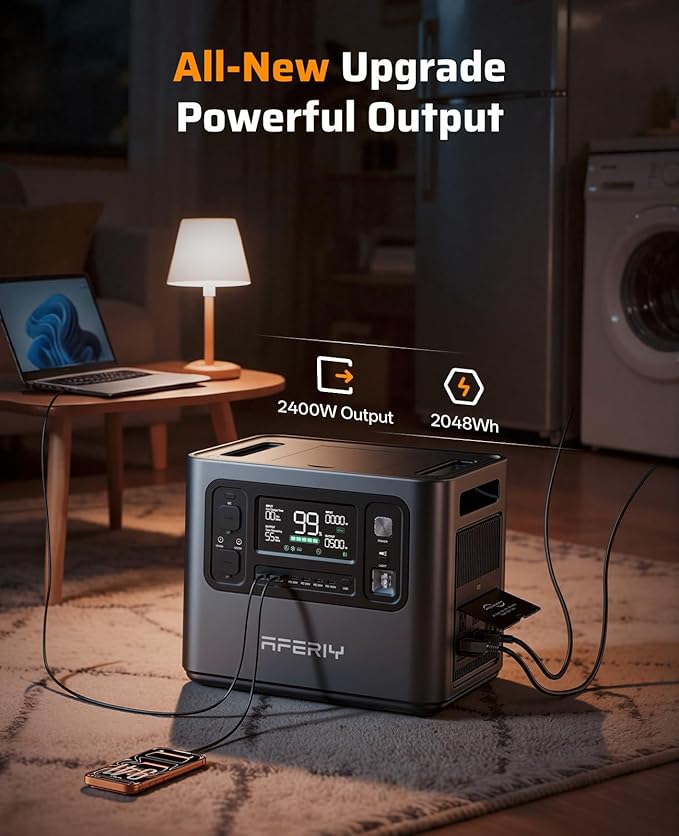 AFERIY 2048Wh Portable Power Station 2400W (Peak 4800W)P210 LiFePO4 Battery GeneratorAC Fast Charging 12V/25A XT60 DC output portUPS Power OutagesHome BackupCamping(Solar Panel Optional)