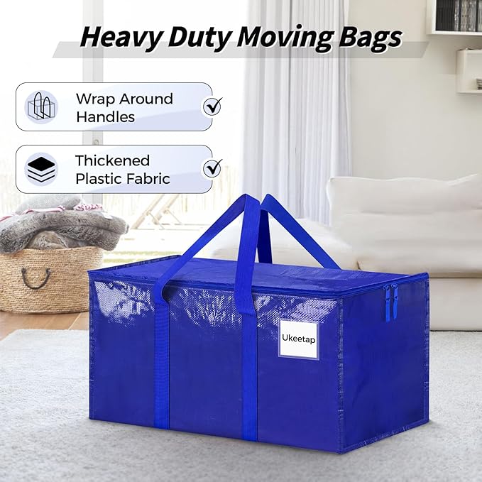 8 Pack Extra Large Heavy Duty Moving Bags Blue Storage Bins with Lids Reinforced Handles &amp Heavy-Duty Zippers Moving Boxes Storage Bags Totes for Clothes Packing Dorms College Supplies Blue