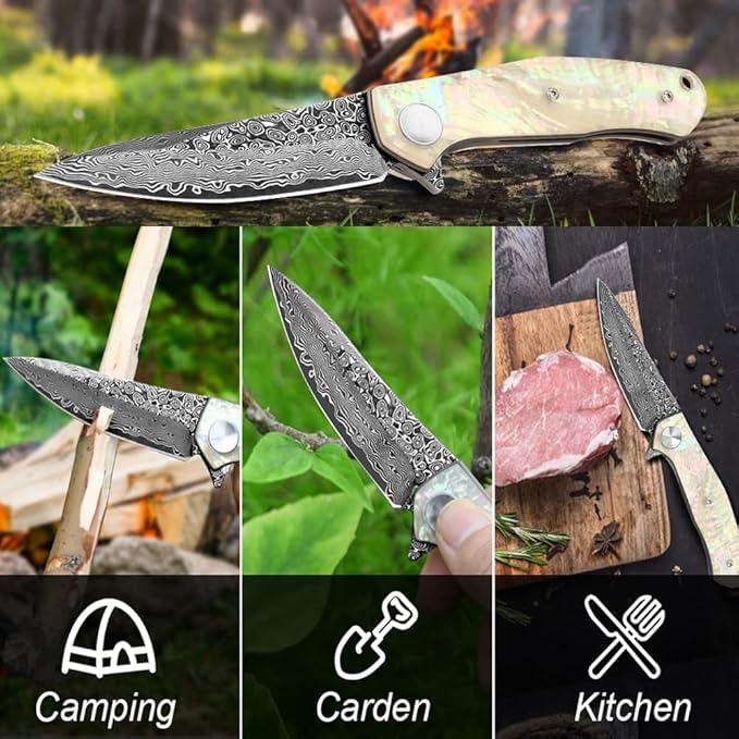 Benkey Damascus Pocket Knife Extremely Sharp VG10 Core Damascus Steel Folding Knives with Clip and Leather Sheath Unique Abalone Seashells Handle Ball Bearing Liner Lock Knife for EDC Men Women
