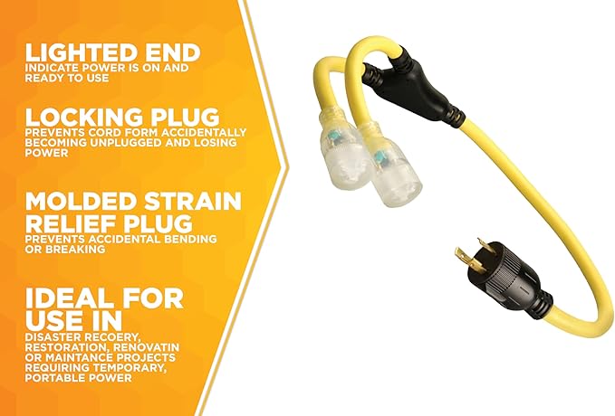Coleman Cable 01915 3-Feet Generator Power Cord Adapter 10/3 Splitter Y Adapter L5-30P to (2) Lighted 5-20R