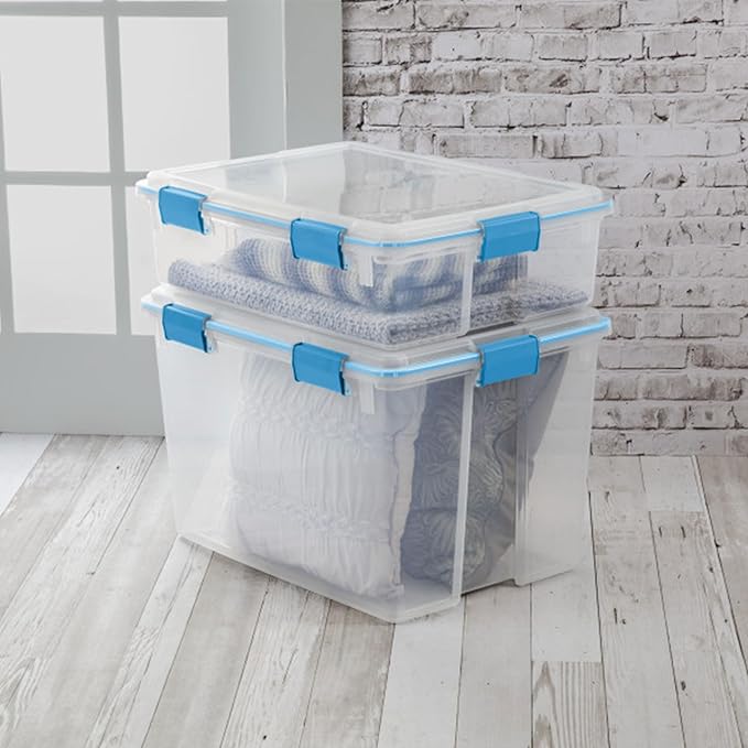 Sterilite 16-Pack Gasket Box Weather-Resistant Storage Bins with Latching Lids 80 Quart - Heavy-Duty Organizing Containers for Closet Bathroom and Office