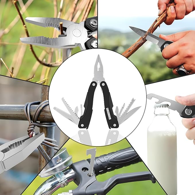 Car and Driver CAD-KH1034 12-in-1 Multitool with LED Flashlight – Stainless Steel USB Rechargeable Compact Folding Pocket Tool with Pliers Screwdrivers Knife Saw &amp More – Portable EDC Tool