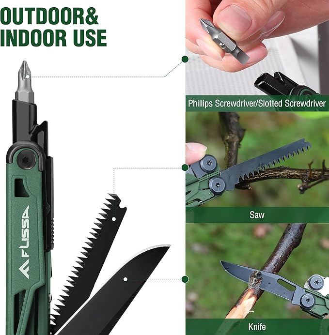FLISSA Multitool 15-in-1 Multi Tool Pocket Knife with Sheath Stainless Steel EDC Multitool Pliers for Men All-in-One Tools for Camping Fishing Survival – Ideal Christmas Gift for Man