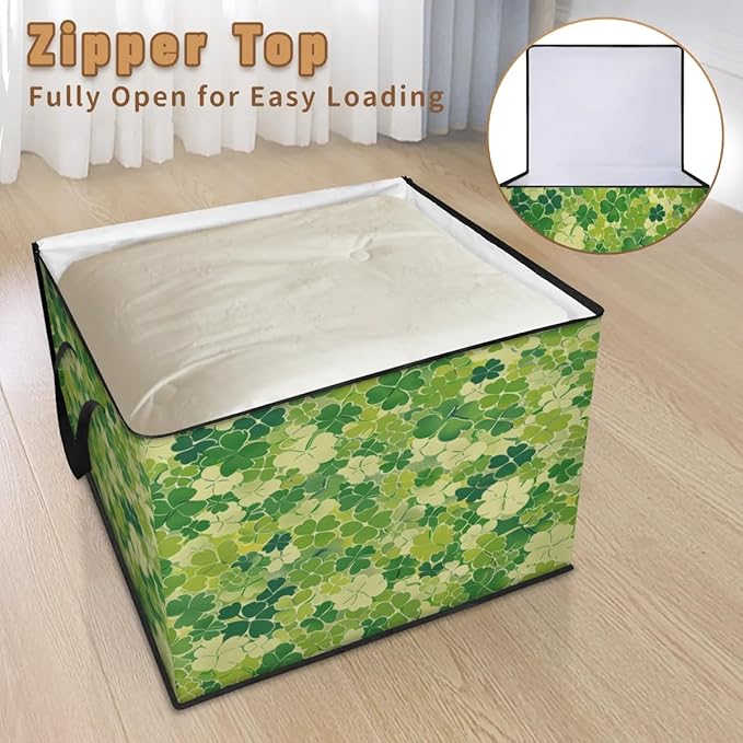XL Large Clothes Storage with Lid Handle St. Patrick's Day Large Thick Clothes Blanket Storage Containers for Organizing Bedroom Closet Comforter Organization Storage Shamrock Clover