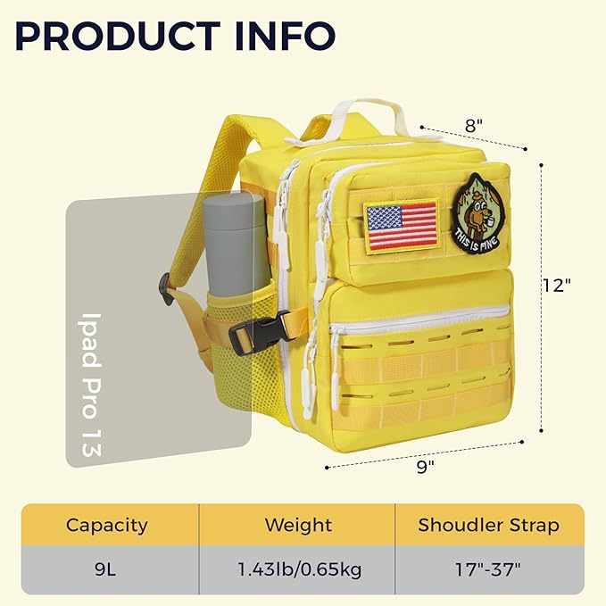 9L Mini Tactical Backpack for Men WomenSmall Military Tactical Backpack for SportGymHikingTravelCamping (Yellow)
