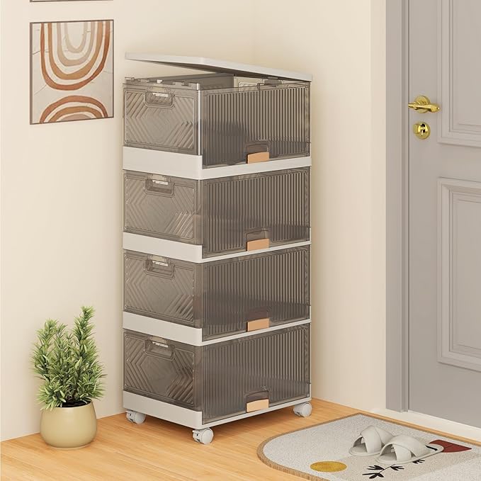 Giantex 4 Tier Stackable Storage Bins with Lids 18 GalFoldable Shoe Storage Box with Detachable Wheels &amp Flip-Up Doors Collapsible Closet Organizers and Storage Bins