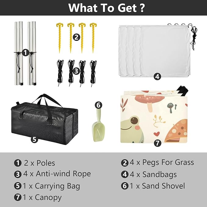 Cute Frogs and Safari Mushrooms Smoke Foldable Beach Cabana UPF50+ Waterproof Large Sun Shelter with Sandbags and Shovel for Family Trips Picnics &amp Camping