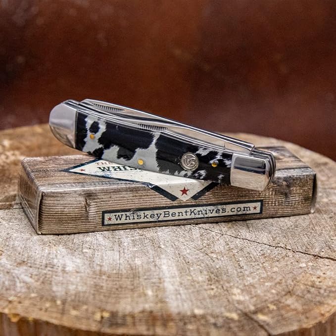 WHISKEY BENT HAT CO. Traditional Trapper Folding Pocket Knife 4.125 Closed Length 440C Stainless Steel Blades (Black Hide)