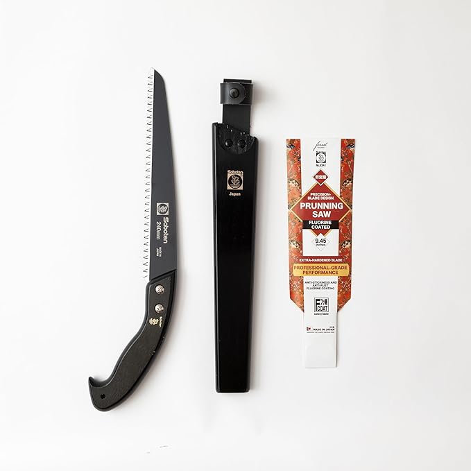 Saboten Japanese Pruning Saw 9.4 in (240mm) – Fluorine-Coated High-Carbon Steel Blade 7.5mm Tooth Pitch Smooth Pull Cuts Wooden Handle Wood Sheath Included Made in Japan