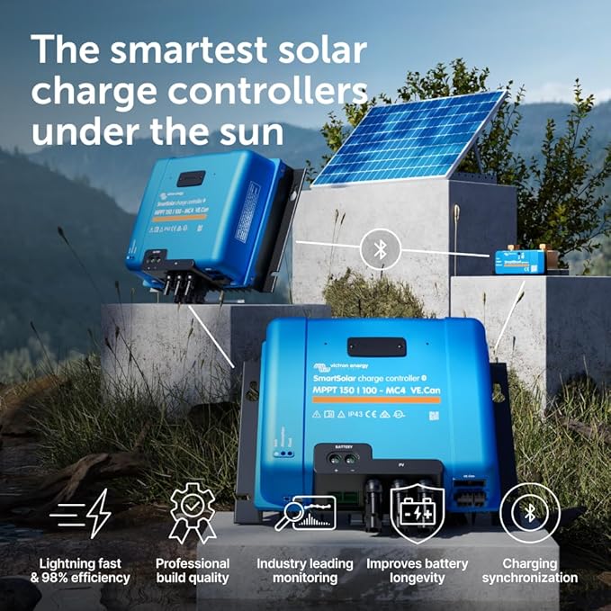 Victron Energy SmartSolar MPPT MC4 Compatible VE. Can Solar Charge Controller (Bluetooth) - Charge Controllers for Solar Panels - 150V 100 amp 12/24/36/48-Volt