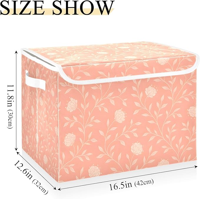 ALAZA Peach-pink Floral Vine Storage Bins Organizer Box Baskets Lidded Clothes for Shelves Closet Collapsible Stackable Storage Cubes Handles