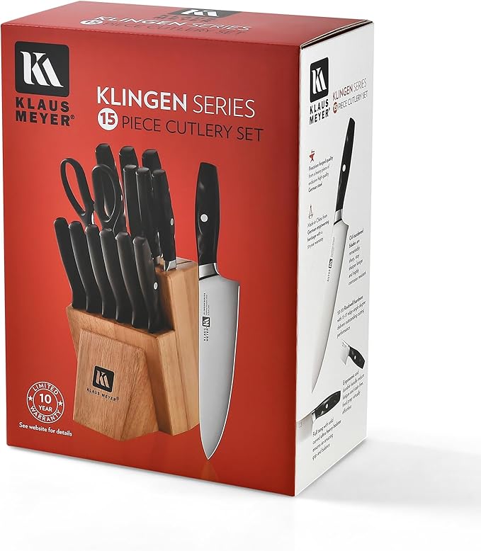 Klaus Meyer 15 Pieces Knife Block Set High Carbon German Stainless Steel Forged Sharp Blade Knife Set With Block Dishwasher Safe Cutlery