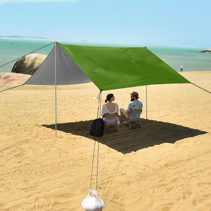 xigua Dark Green Beach Tent Sun Shelter with Carrying Bag - Silver Coated Oxford Fabric Beach Canopy for Beach Camping Fishing - Includes Windproof Ropes Sandbags &amp Stakes