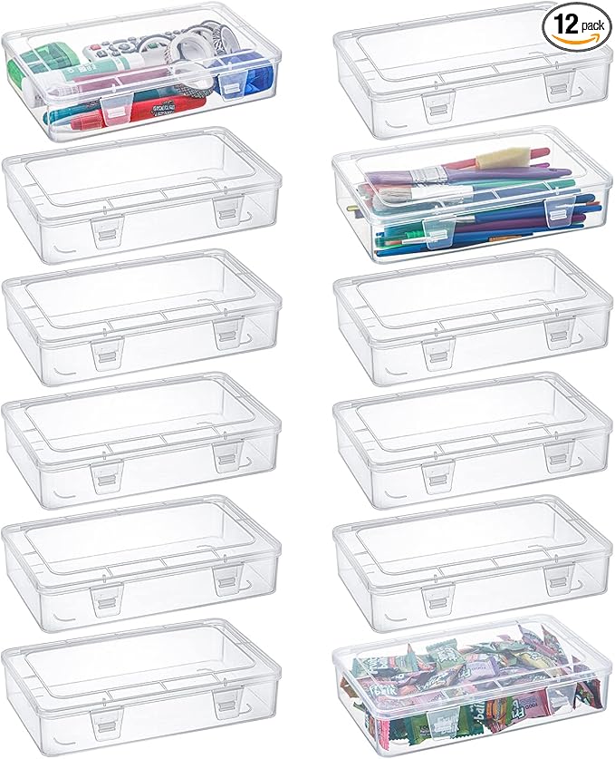 Kingrol 12 Pack Clear Plastic Storage Containers with Lids 8 x 5 x 1.75 Inch Empty Hinged Boxes Stackable Organizer Boxes for Home Office Craft Supplies