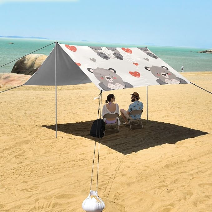 ALAZA Cute Bear with Heart Seamless Beach Tent Sun Shelter Portable Canopy Sunshade for Outdoor Camping Picnics Backyard Fun 10x9 ft