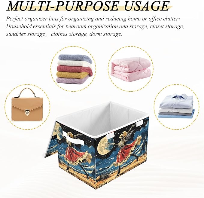 Storage Cube with Lid Dancing Skeleton Print 16.5×12.6×11.8 IN Collapsible Large Capacity Foldable Storage Basket Bin Organizer