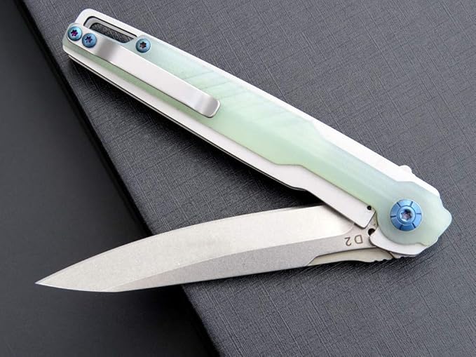Eafengrow EF942 EDC Folding Knife D2 Steel Blade Titanium Plating &amp G10 HandlePocket Clip with Frame Lock EDC Pocket Flipper Knife for Camping Hiking Survival Outdoor(Jade)