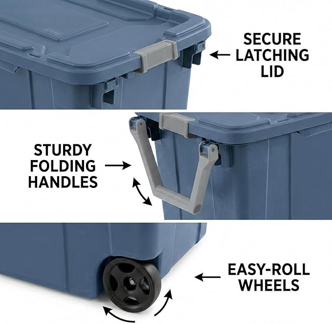 40 Gallon Plastic Storage Box with Wheels and Lids Stackable Industrial Tote Pack of 2 (Blue)