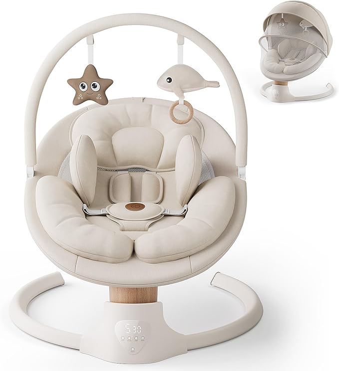 Baby Swings for Infants FasonBaby Electric Baby Swing with 10 Preset Melodies 5 Speeds Remote Control and Bluetooth - Portable Infant Swing for Indoor and Outdoor(Beige)