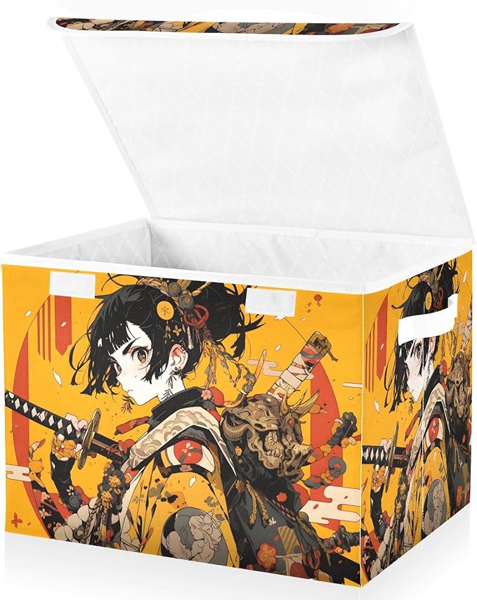 Anime Samurai Yellow Storage Cube Bins Basket with Lid Collapsible Flip-top Fabric with Handle for Home Bedroom Closet Office 16.5×12.6×11.8 in