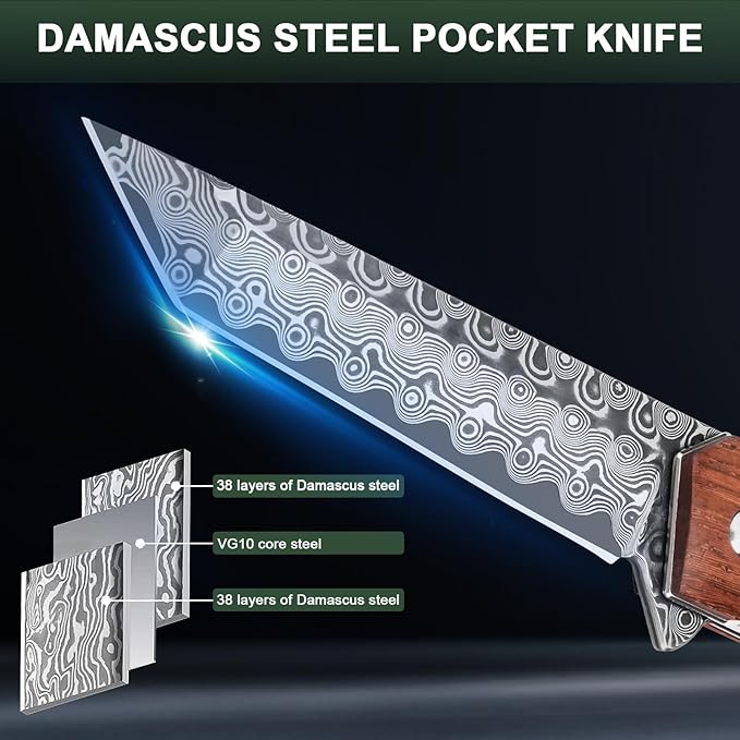 AUBEY Damascus Pocket Knife for Men Sharp Tanto Blade with VG10 Core Folding Knives with Wooden Handle and Glass Breaker for EDC Camping Gift Collection